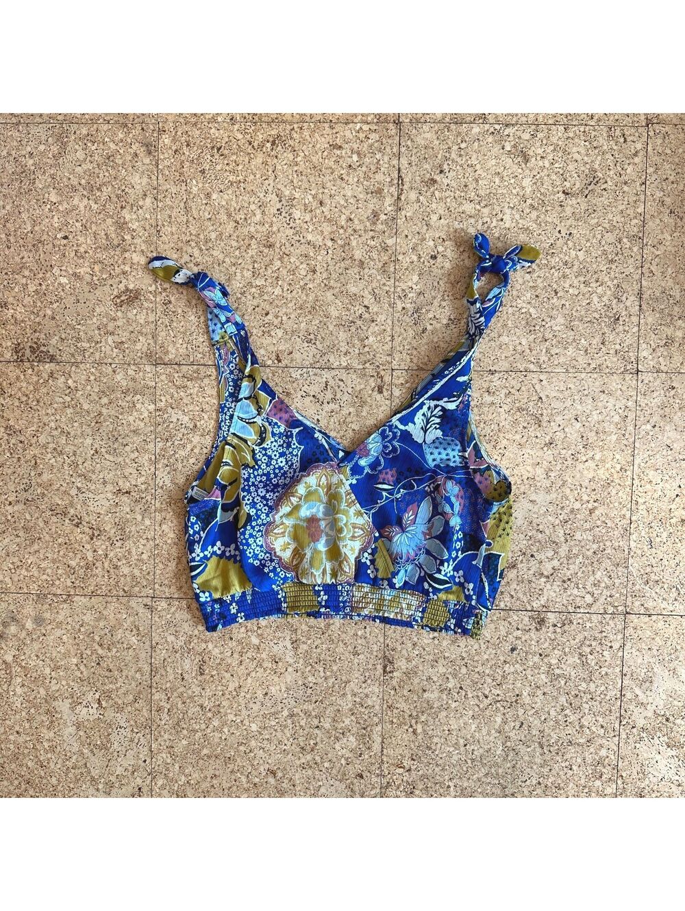 Free People Intimately Weekend In Montauk Crop Tank Top MEDIUM Blue Floral Tie - Picture 2 of 6